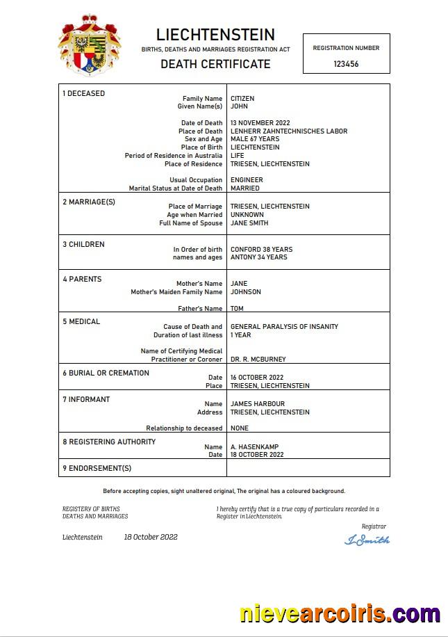 Liechtenstein vital record death certificate